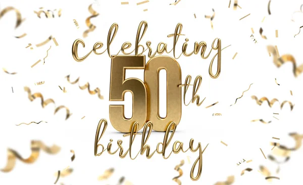 Celebrando 50 cumpleaños tarjeta de felicitación de oro con confeti. 3D R —  Fotos de Stock