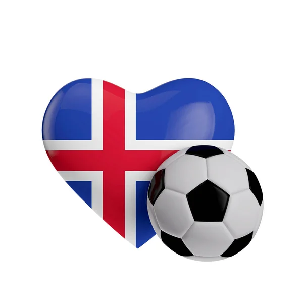 Drapeau Islande en forme de coeur avec un ballon de football. J'adore le football. 3D R — Photo