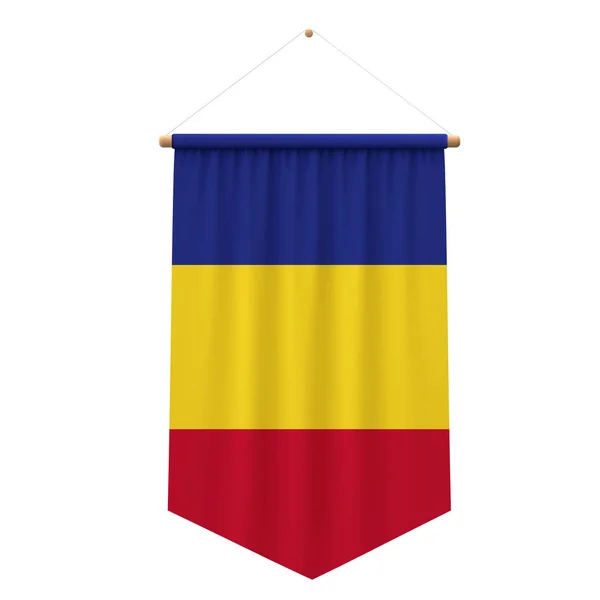 Banner colgante de tela de bandera de Rumania. Renderizado 3D —  Fotos de Stock