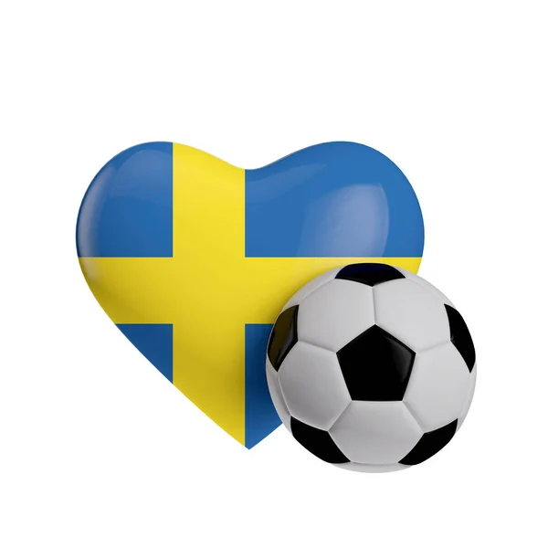 Bandera de Suecia en forma de corazón con una pelota de fútbol. Me encanta el fútbol. 3D Re — Foto de Stock