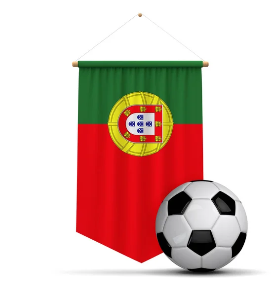 Banner colgante de tela de bandera de Portugal con pelota de fútbol. Renderina 3D — Foto de Stock