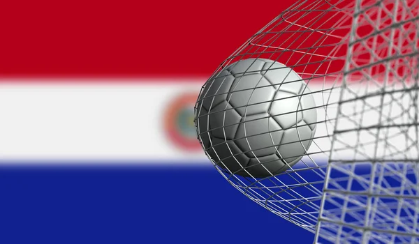 サッカーボールはパラグアイの旗に対してネットでゴールを決めます。3d レン — ストック写真