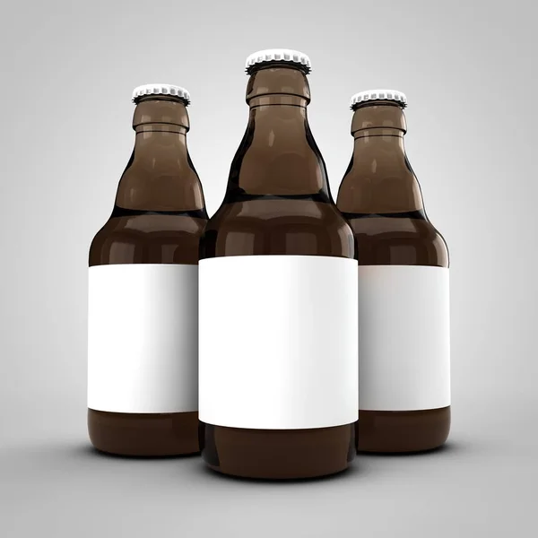 茶色のビールボトルは、白いラベルでモックアップ。3D レンダリング — ストック写真