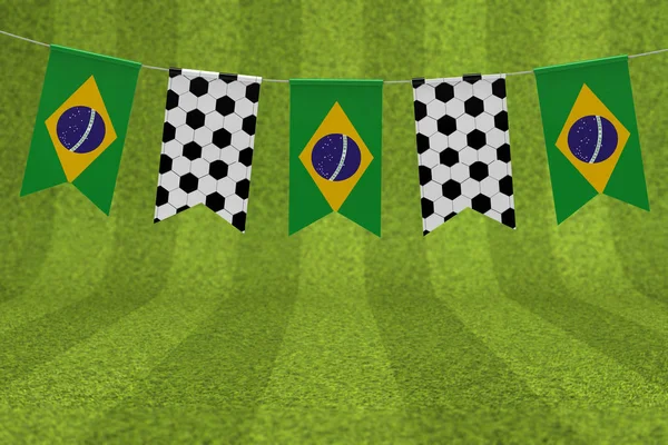 Bandeira do Brasil e bola de futebol textura futebol bandeira bunting. 3D Re — Fotografia de Stock