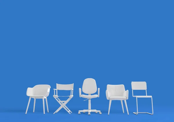 Fila de sillas diferentes. Entrevista de trabajo, concepto de reclutamiento. 3D r — Foto de Stock
