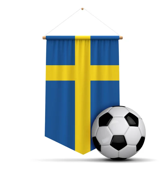 Sverige sjunker tyg hängande banner med fotboll. 3D-rendering — Stockfoto