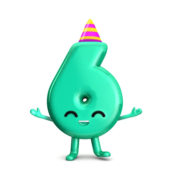 Feliz 6 Aniversário bonito personagem de festa com chapéu. Renderização 3D — Fotografia de Stock