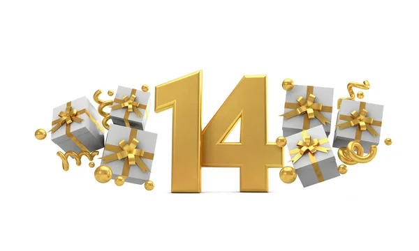 Número 14 número de celebração de aniversário de ouro com caixas de presente. 3D R — Fotografia de Stock