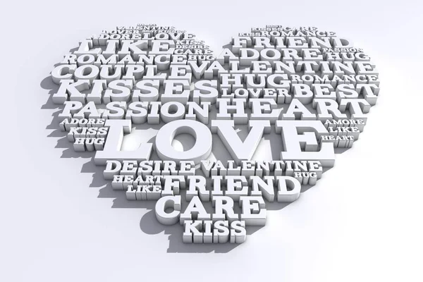 Heart shape made from love words. Valentines day. 3D rendering — Stock Photo, Image