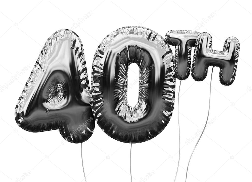 Silver number 40 foil birthday balloon isolated on white. Golden