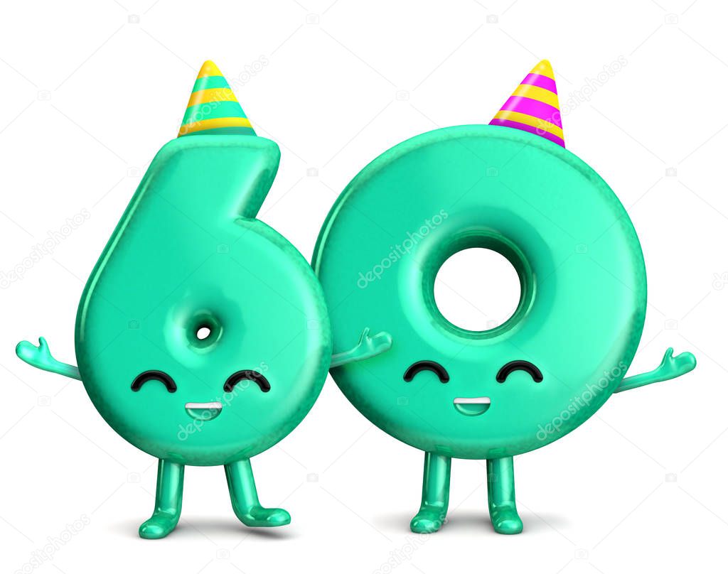 Happy 60th Birthday cute party character with hat. 3D Rendering