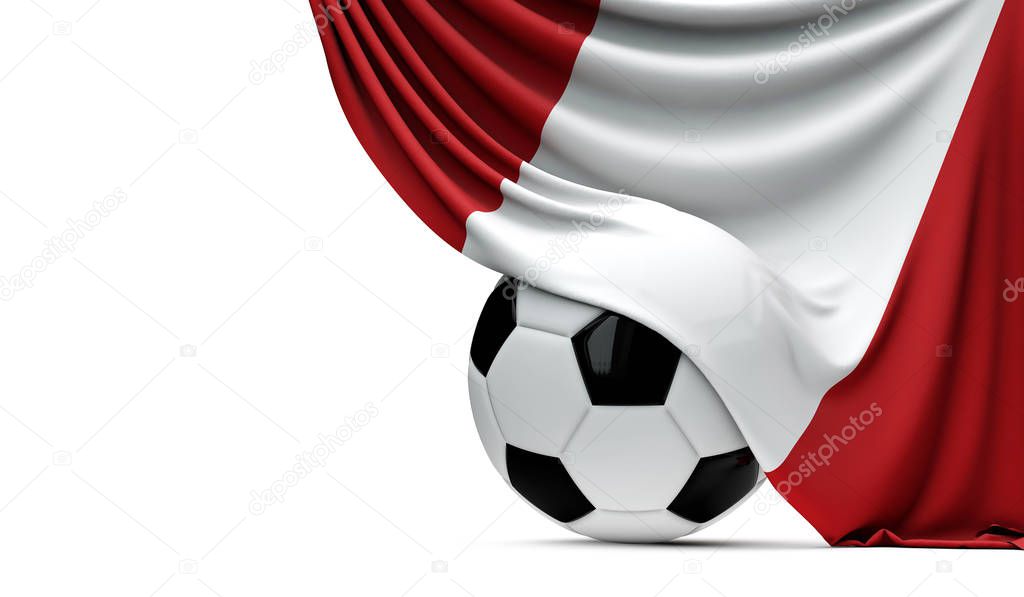 Peru national flag draped over a soccer football ball. 3D Render