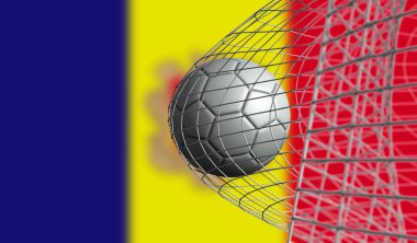 Futbol topu Andorra bayrağı karşı bir net bir gol attı. 3d Rend
