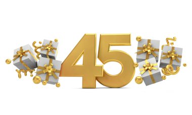 Number 45 gold birthday celebration number with gift boxes. 3D R clipart