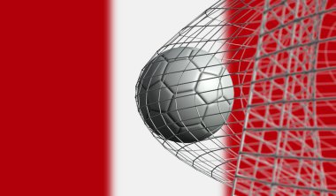 Futbol topu Peru bayrağı karşı bir net bir gol attı. 3d Renderi