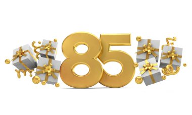 Hediye kutuları ile numara 85 altın doğum günü kutlama numarası. 3d R