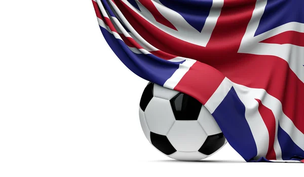 Große britische Nationalflagge über einem Fußballball drapiert. — Stockfoto