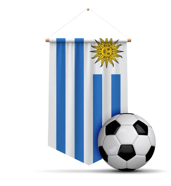 Banner colgante de paño de bandera de Uruguay con pelota de fútbol. Renderizado 3D — Foto de Stock