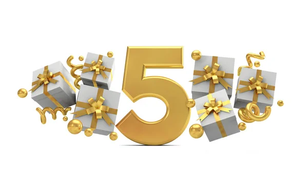 Número 5 número de celebración de cumpleaños de oro con cajas de regalo. 3D Re — Foto de Stock