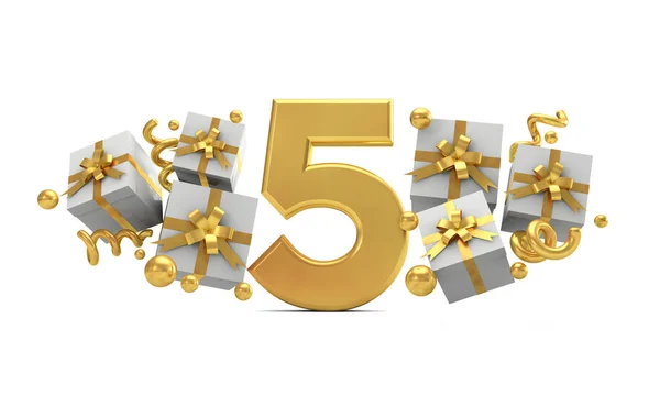 Numero 5 numero di festa di compleanno in oro con scatole regalo. Re 3D — Foto Stock