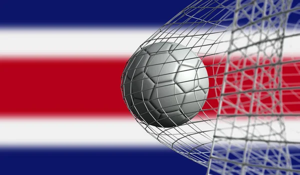 Bola de futebol marca um gol em uma rede contra a bandeira da Costa Rica. 3D R — Fotografia de Stock