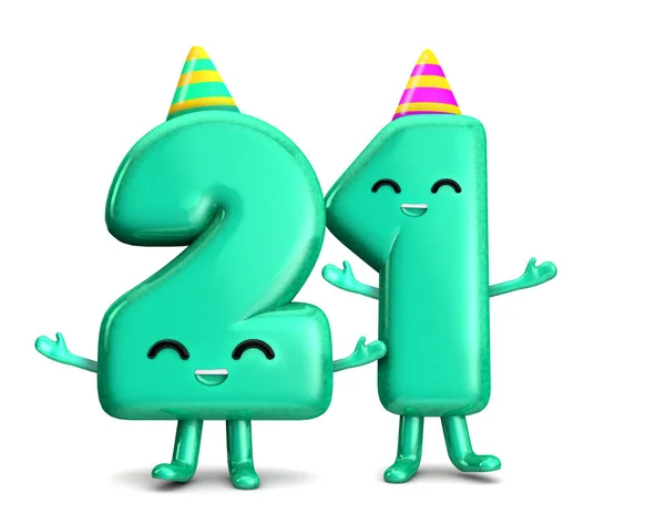 Happy 21st födelsedag söt fest karaktär med hatt. 3D-rendering — Stockfoto