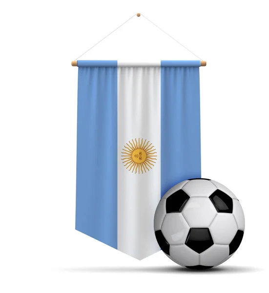Banner colgante de paño de bandera argentina con pelota de fútbol. 3D Renderi — Foto de Stock