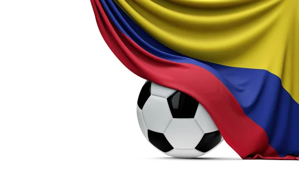 Colombia nationale vlag gedrapeerd over een Soccer Football bal. 3D re — Stockfoto