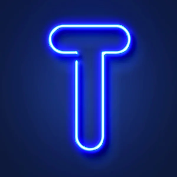 T betű reális izzó kék neon levél ellen, a kék backg — Stock Fotó