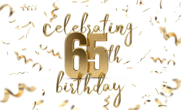 Celebrating 65th birthday gold greeting card with confetti. 3D R