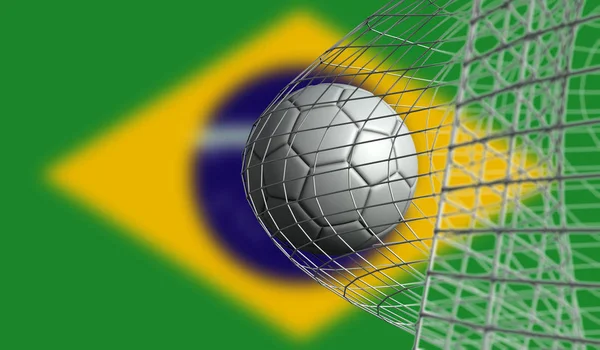 Soccer Ball gör ett mål i ett nät mot Brasilien flagga. 3D Rende — Stockfoto