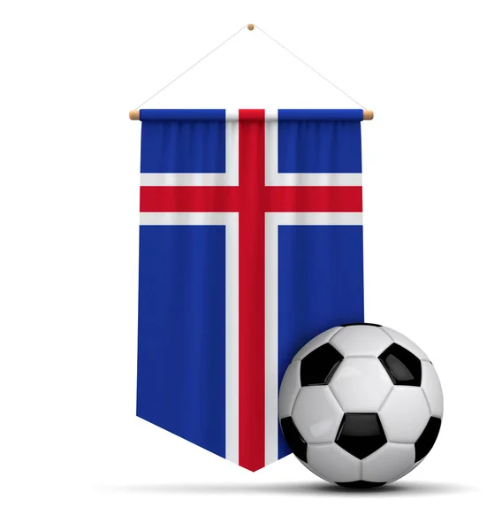 Banner colgante de tela de bandera de Islandia con pelota de fútbol. Renderizado 3D —  Fotos de Stock