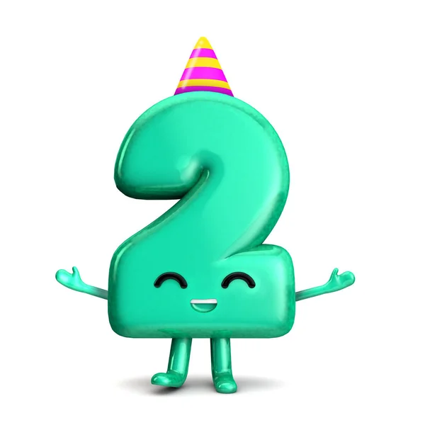 Feliz segundo aniversário bonito personagem de festa com chapéu. Renderização 3D — Fotografia de Stock