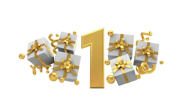 Numero 1 numero di festa di compleanno in oro con scatole regalo. Re 3D — Foto Stock