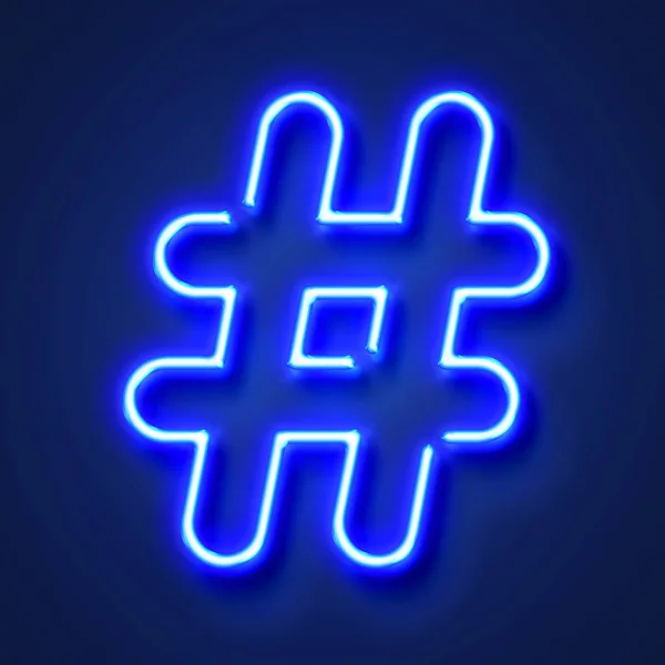 Hashtag realistisch leuchtend blauer Neon-Buchstabe gegen ein blaues Backgr — Stockfoto