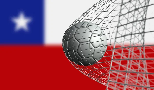 El balón de fútbol marca un gol en una red contra la bandera de Chile. Renderizado 3D —  Fotos de Stock
