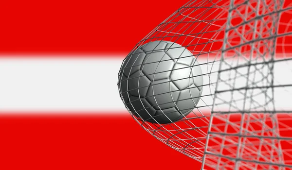 Piłka piłka nożna strzeli gola w siatce przeciwko Austrii flagi. 3D rend — Zdjęcie stockowe