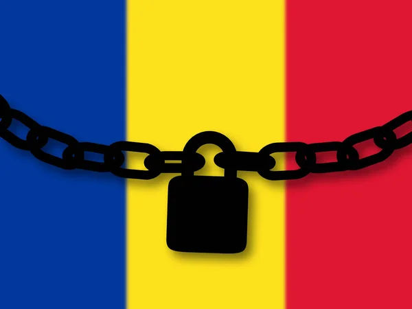 Rumunská bezpečnost. Silueta řetězu a visacího zámku nad Nationa — Stock fotografie