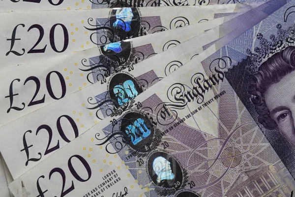 A collection of british sterling twenty pound notes — Stock Photo, Image