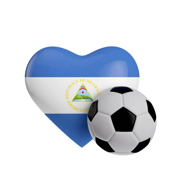 ニカラグアはサッカーボールでハートの形を旗。フットボールが大好きです。3 d — ストック写真