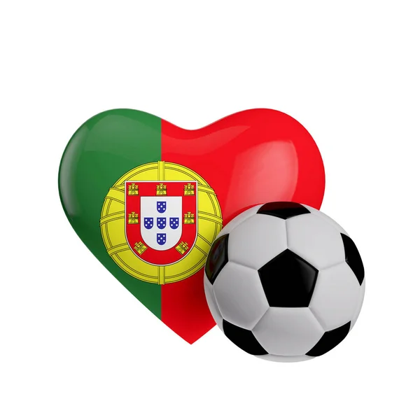 Portugal bandera en forma de corazón con una pelota de fútbol. Me encanta el fútbol. 3D — Foto de Stock