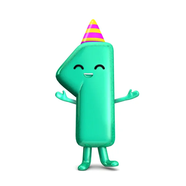 Feliz 1er cumpleaños lindo personaje de fiesta con sombrero. Renderizado 3D —  Fotos de Stock