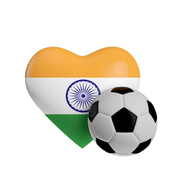 India bandiera a forma di cuore con un pallone da calcio. Adoro il football. 3D Ren — Foto Stock