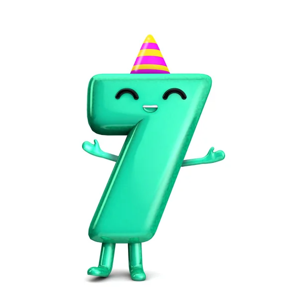 Happy 7th urodziny cute charakter party z kapeluszem. Renderowanie 3D — Zdjęcie stockowe