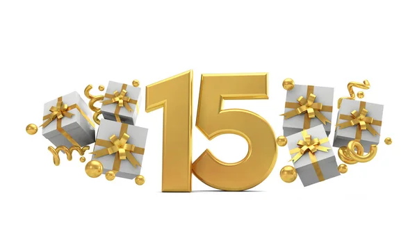Αριθμός 15 χρυσά γενέθλια αριθμός γενεθλίων με κουτιά δώρων. 3D R — Φωτογραφία Αρχείου