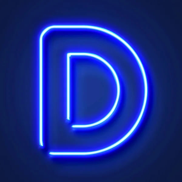 Letra D letra de neón azul brillante realista contra un respaldo azul — Foto de Stock