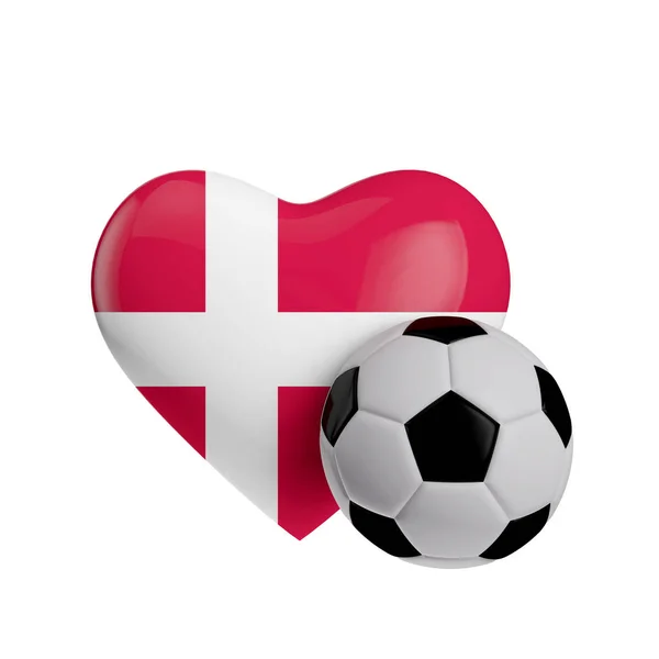 Dania flaga kształt serca z piłką nożną. Kocham piłkę nożną. 3D R — Zdjęcie stockowe