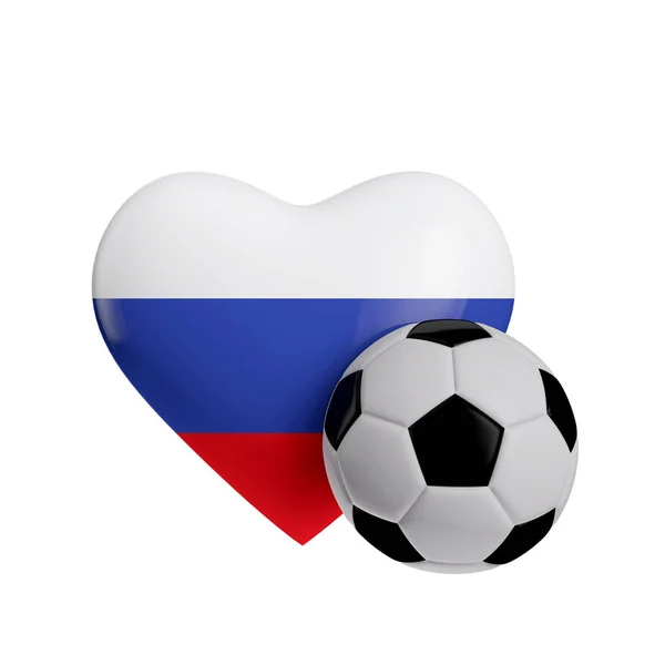 Rússia bandeira forma coração com uma bola de futebol. Adoro futebol. 3D Re — Fotografia de Stock