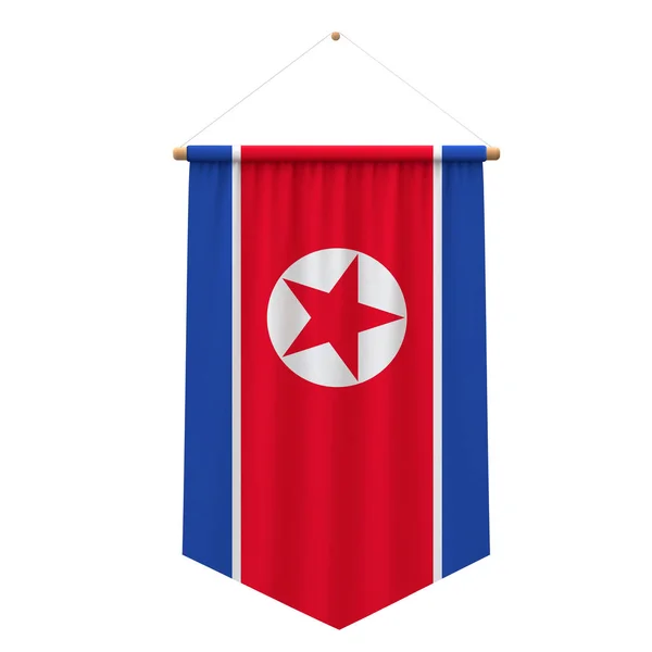 Nordkoreas Flaggentuch hängt an einem Banner. 3D-Darstellung — Stockfoto