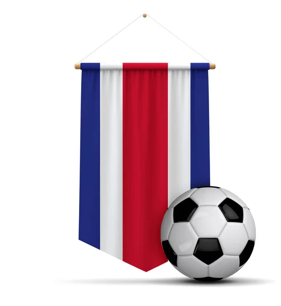 Costa Rica flag cloth hanging banner with soccer ball. 3D Render — Stock Photo, Image